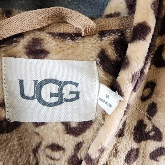 UGG Miranda Double Face Fleece Hooded Robe Women's M Live Oak Leopard Pockets - Picture 6 of 15